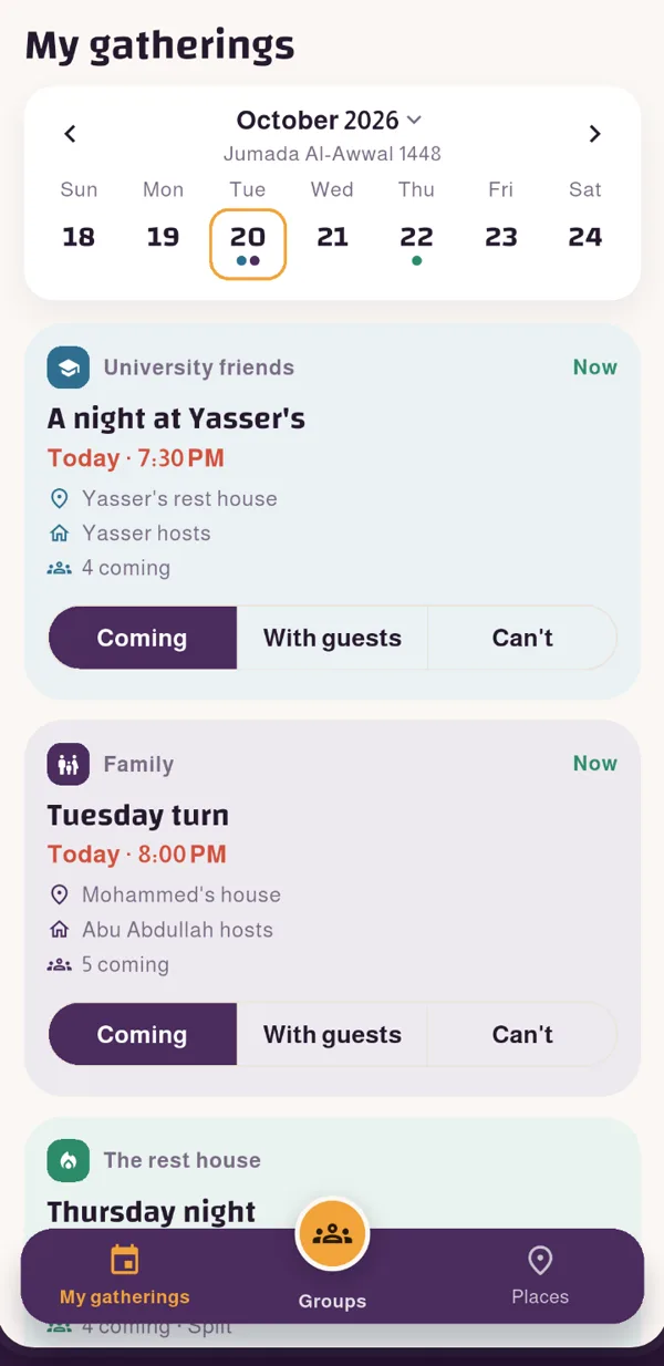 The gatherings calendar and rotations